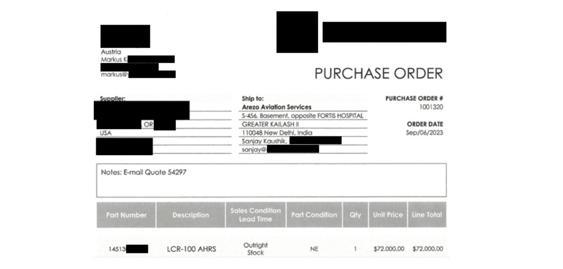 Screenshot of a purchase order for a aircraft component AHRS LCR-100